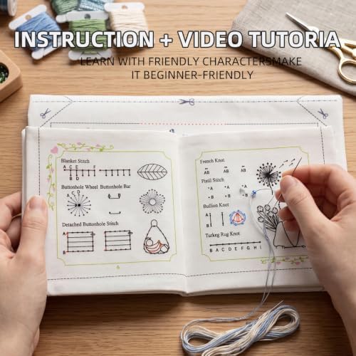 Basic Embroidery Starter Kit - 12 Essential Stitches, Beginner Fabric Practice Manual, Adult Starter Set, Includes Thread, Needle, Loop and Tools, Adult DIY Handmade Gifts, Simple Starter Sewing Kit - Image 4