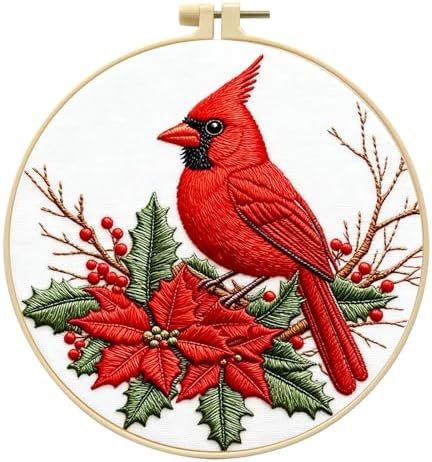 Zhenqing Cardinal Embroidery Kit for Beginners, Red Bird & Holly Needlework Craft with Pre-Printed Cotton Fabric, Hoop, Threads & Tools, Winter Holiday Decor (C0202) by ZhenqingHomeFlagship