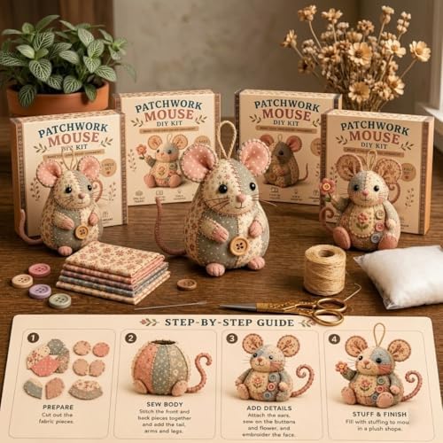 OZSZN Patchwork Mouse DIY Kit – Handmade Sewing Craft Set with Buttons & Fabric, Cute Mouse Ornament for Adults Beginners, Creative Animal Craft Project (W) - Image 5