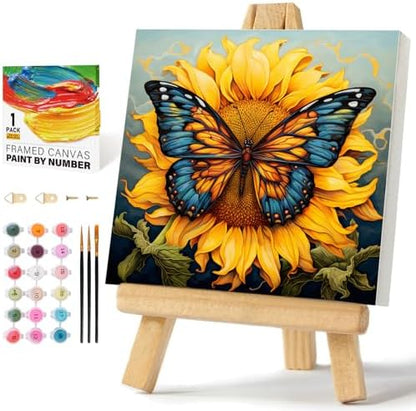 Framed Paint by Numbers Kit for Adults Beginners, Butterfly Sunflower by Offito