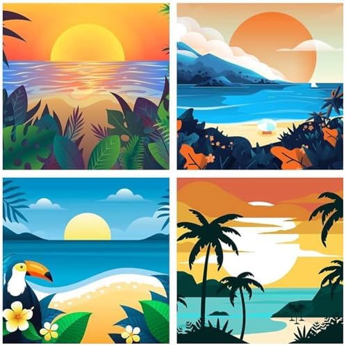 AOSGEDY 4 Pack Paint by Numbers for Adults and Kids Beginner，Landscape-Beach DIY Acrylic Painting Paint by Numbers Kits on Canvas for Kids Ages 4-8-12 Perfect for Home Wall Decor(8x8in) by AOSGEDY