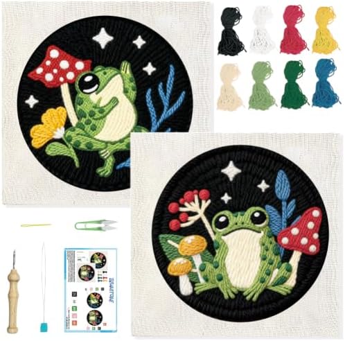 BEUNITONE 2PCS Punch Needle Kit for Adults Beginners, Frog Mushroom Needlepoint Crafts Kit for Adults, Complete Embroidery Starter Kit with Pre-Print Pattern and Hoop for Home Decor 7.9"x7.9" by BEUNITONE
