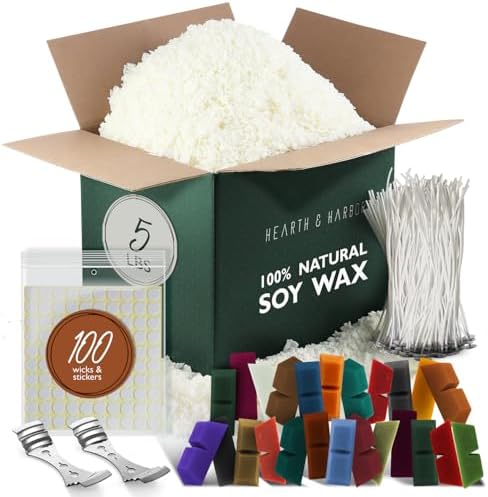 Hearth & Harbor Natural Soy Wax and DIY Candle Making Supplies - 5 Lbs Soy Candle Wax Flakes, 24 Candle Wax Dye Blocks, 100 Cotton Wicks, and 2 Metal Centering Device, Multicolored by HearthHarbor