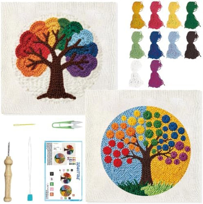 BEUNITONE 2PCS Punch Needle Kit for Adults Beginners, Rainbow Tree of Life Needlepoint Crafts Kit for Adults, Complete Embroidery Starter Kit with Pre-Print Pattern and Hoop for Home Decor 7.9"x7.9" by BEUNITONE
