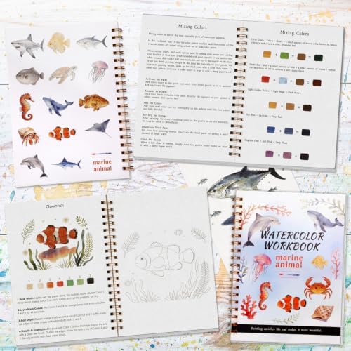 Landhoow Marine Animals Watercolor Workbooks, Water Coloring Book for Adult Beginners 14 Marine Life Designs Friendly Painting Arts Crafts Exploration Gifts for Birthday Back to School - Image 2