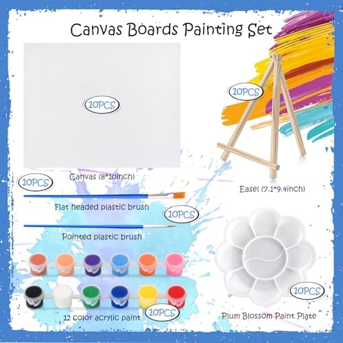 10 Set Canvas Painting Kit, 8 x 10In Canvas Boards with Easels, 12 Color Acrylic Paints, Brushes, Palettes, Art Supplies for Beginners – Paint and Sip Kit for Adults, Couples Painting Kit Date Night - Image 2