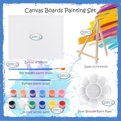 10 Set Canvas Painting Kit, 8 x 10In Canvas Boards with Easels, 12 Color Acrylic Paints, Brushes, Palettes, Art Supplies for Beginners – Paint and Sip Kit for Adults, Couples Painting Kit Date Night - Image 2