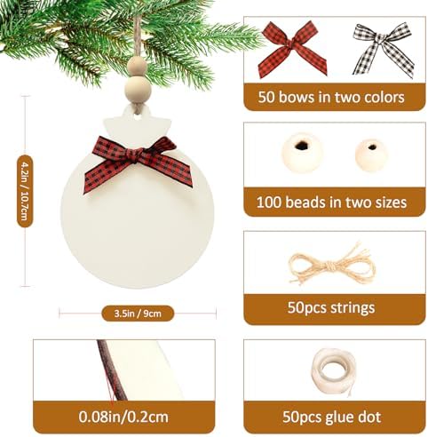 50PCS 4" Blank Wooden Ornaments for Crafts with Plaid Bows and Beads - Image 2