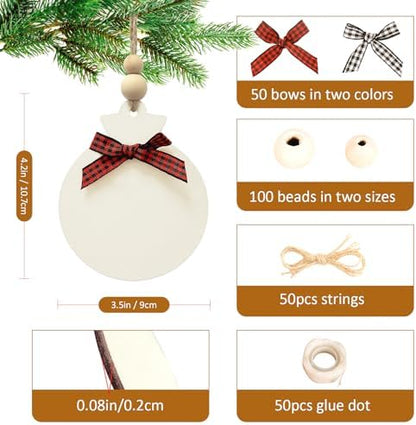 50PCS 4" Blank Wooden Ornaments for Crafts with Plaid Bows and Beads - Image 2