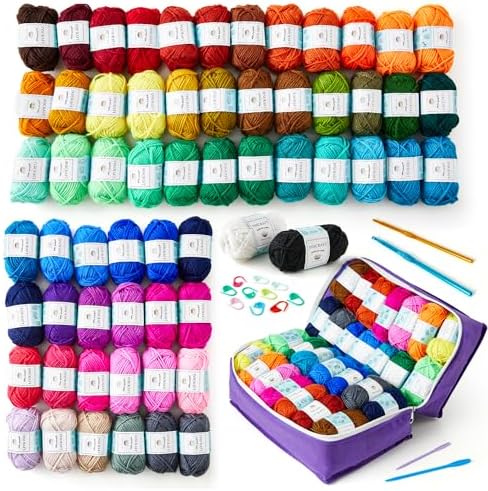 INSCRAFT 62 Acrylic Yarn Skeins, 2170 Yards Yarn for Knitting, 2 Crochet Hooks, 2 Weaving Needles,10 Stitch Markers, 1 Purple Bag, Perfect Crochet Beginner Kit for for Adults by INSCRAFT