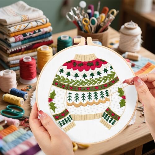 Crafmanoe Christmas Embroidery Kits for Beginners Embroidery Stitches Practice Kits for Adults, Christmas Cross Stitch Kits for Beginners Craft Kits, Embroidery Hoops, Fabric, Threads & Video Tutorial - Image 5