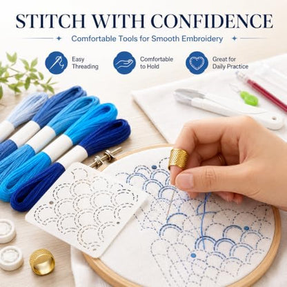 94 Pcs Sashiko Embroidery Kit for Beginners,Visible Mending,Hand Quilting,DIY Stitching and Sewing Projects,with Blue Sashiko Thread and Needles,Thimble,Stencils,Water-Soluble Pattern Sheets - Image 7