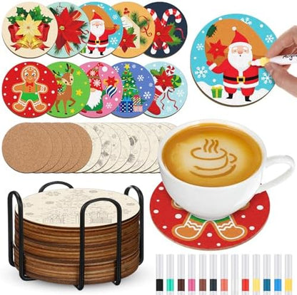 Reallnaive 45 Pcs Christmas Wooden Coasters Painting Kit, 4 Inch Paint Your Own Boho Coasters with Markers, Arts and Crafts for Adults Women Seniors Elderly Crafters Gifts by Reallnaive
