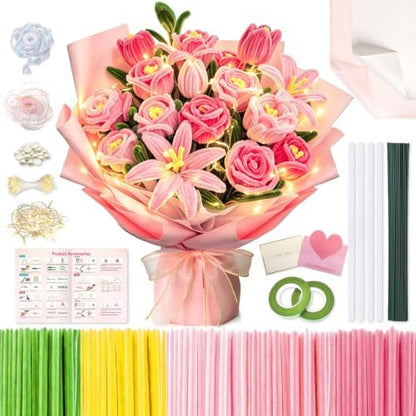 cyctravel 400 Pcs Pipe Cleaner Flower Kit, 5 Colors of Pipe Cleaners for DIY Flower Making Includes Greeting Cards, String Light, Manual, Pipe Cleaners Craft is Ideal for Holiday Gifts and Decorations by letsmakethingsbetter%EF%BC%81