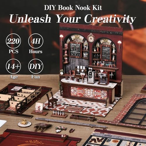 Book Nook Kit, DIY Miniature House Kit for Adult and Teens, 3D Wooden Puzzle Booknook Bookshelf Decor with LED Lights, Gift for Family, Friends, Age 14+ (Warmglow Coffee House) - Image 6