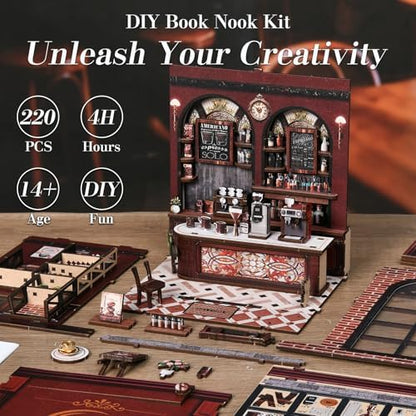 Book Nook Kit, DIY Miniature House Kit for Adult and Teens, 3D Wooden Puzzle Booknook Bookshelf Decor with LED Lights, Gift for Family, Friends, Age 14+ (Warmglow Coffee House) - Image 6