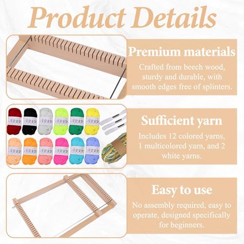 ASTIMESA 11.4'' x 7.4''/29 x 19 CM Wooden Weaving Loom Kit, Multi-Craft Weaving Loom for Adults Frame with 12 Colorful Yarns & Tools DIY Beginners Knitting Blanket Tapestry - Image 3
