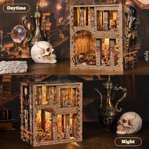 fifijoy Book Nook Kit - DIY Miniature Dollhouse for Adults and Teens, 3D Wooden Puzzle Booknook Tiny House Bookshelf Decor with LED Light, Gifts for Family, Friends (Egyptian Pharaoh’s Tomb) - Image 2