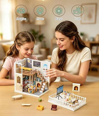 2-Story Loft Book Cafe & Study Room Kit, DIY Miniature House for Adults with Reading Area Coffee Bar Study Desk Projector Balcony, Collectible Plastic Library Model, Home Decor Gift for Women - Image 2