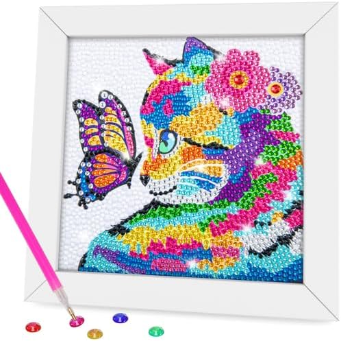 QEUOYSS Diamond Art Kit for Kids with Wooden Frame Art and Crafts for Kids Ages 6-8 -10-12 Easy to DIY Diamond Art for Kid and Adult Beginners Home Wall Decoration (Butterfly cat) by QEUOYSS