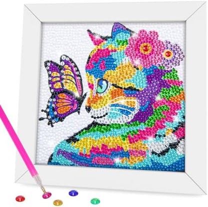 QEUOYSS Diamond Art Kit for Kids with Wooden Frame Art and Crafts for Kids Ages 6-8 -10-12 Easy to DIY Diamond Art for Kid and Adult Beginners Home Wall Decoration (Butterfly cat) by QEUOYSS