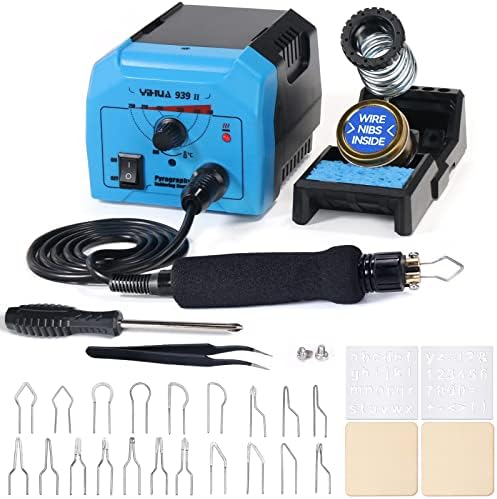 YIHUA 939-II Wood Burning Kit Station (Blue) Bundle with YIHUA 930-IV Pyrography Pen Temperature Adjustable with 20 Wire Nibs, 10 Solid Points, Stable Pen Holder, Stencils and Accessories - Image 2