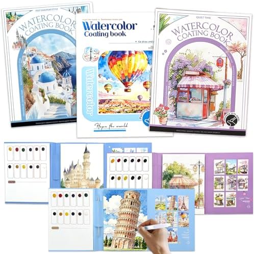 NaTuGi 3Pac Watercolor Workbook for Adults,Watercolor Coloring Book,Portable Watercolor Painting Books,Creative Stress Relief Kit,Suitable for Beginners Birthday Gift (Architecture Series 3pc-B) by Unknown