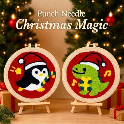Christmas Punch Needle Kit for Adult Beginner, Easy Punch Embroidery Starter Set with Instruction, Fun DIY Needle Point Craft for Home Decor & Holiday Gift Idea(2pcs Dino & Penguin) - Image 2