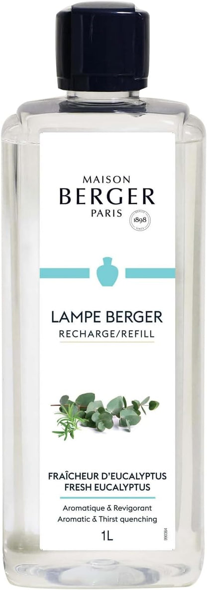 Maison Berger Fresh Eucalyptus Lampe Berger Refill, 1 Liter (33.8 fl oz), 2-in-1 Catalytic System, Neutralizes Odors and Diffuses Fragrance, Citrus, Green Notes, Lavender, Eucalyptus, Made in France