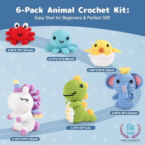 MINGOMINGO Crochet Kit for Beginners Kids - 6 Animal Amigurumi, Mother's Day Birthday Craft Gift Set, Step-by-Step Video Tutorials, 40%+ Yarn, Knitting Starter Kit for Girls Women Adults - Image 2