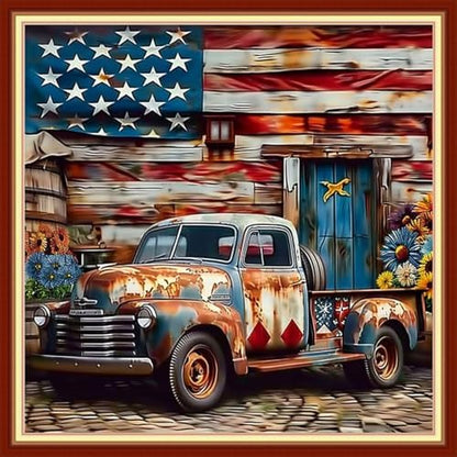 Joyhoor Cross Stitch Kits for Beginners Stamped Cross-Stitch Supplies Needlework preprint Embroidery Kits for Adults DIY Needlepoint Kit Embroidery Patterns 11CT- Front Flag Car 18x18 inch by JoyhoorCrossStitchKits