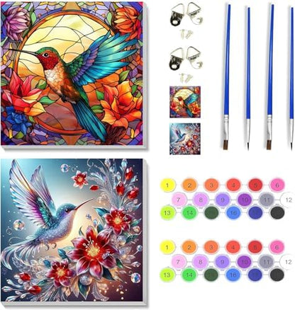 VIGEGU 2 Pack Hummingbird Paint by Numbers Kit for Adults with Framed, Flower Paint by Number DIY Adult Paint by Number Kits for Wall Decor 10x10in by VIGEGU