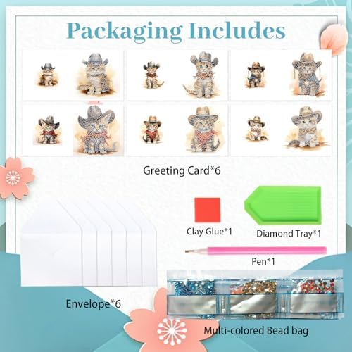 Tontut 6pcs Diamond Painting Kit Greeting Card, Cat 5D DIY Diamond Handmade Holiday Greeting Card with Envelope, Christmas Gift Congratulation - Image 3