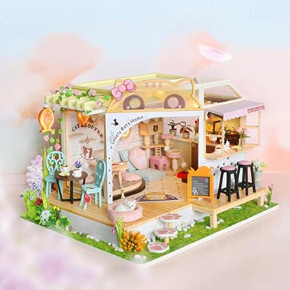 CUTEROOM DIY Miniature House Kit- Lovely Cats House, Tiny Dollhouse Wooden Furniture Kit, Mini DIY Craft Kits Creative Room for Christmas Decoration Family Friends by CUTEROOM
