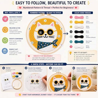 CELCRAFTIQUE Punch Needle Kits for Adults Beginner, Tool with Punch Needle Fabric, Hoops, Yarns and Sewing Needles (Lemon Cat) - Image 4