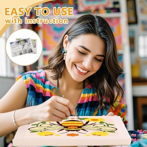 DOODLREAM Bumble Bee Flower Needle Kit for Beginner, 9.4"x 9.4" Cute Garden Bee Punch Stitching Craft Set, DIY Embroidery Starter with Printed Frame, Instruction, Threader, Yarn, Pinch Needle - Image 3