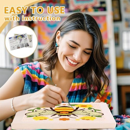DOODLREAM Bumble Bee Flower Needle Kit for Beginner, 9.4"x 9.4" Cute Garden Bee Punch Stitching Craft Set, DIY Embroidery Starter with Printed Frame, Instruction, Threader, Yarn, Pinch Needle - Image 3