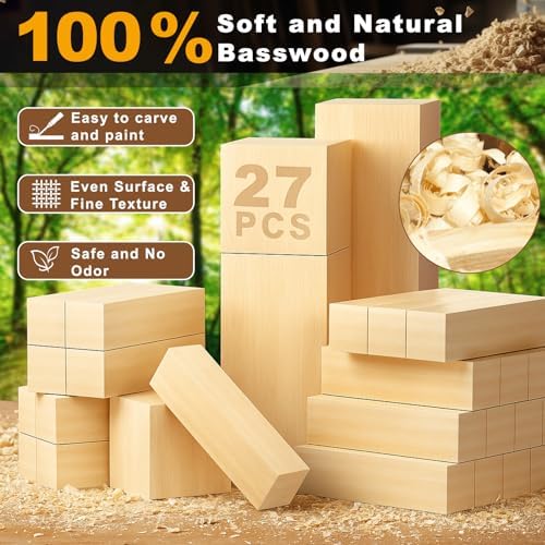 27 Pcs Basswood Carving Blocks, Whittling Wood Carving Kit with 3 Different Sizes and Pattern Sticker, Soft Unfinished Wooden Blocks for Crafts Beginners Kids Adults - Image 3