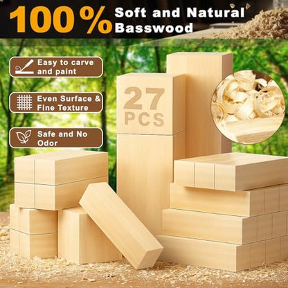 27 Pcs Basswood Carving Blocks, Whittling Wood Carving Kit with 3 Different Sizes and Pattern Sticker, Soft Unfinished Wooden Blocks for Crafts Beginners Kids Adults - Image 3