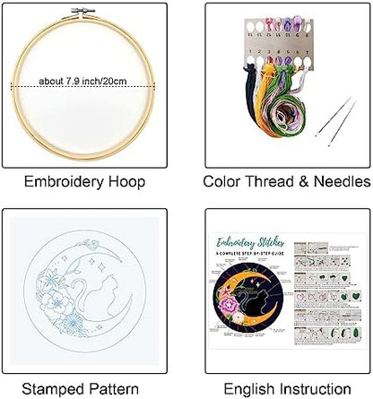 Louise Maelys Cat Moon Embroidery Kit for Beginners Floral DIY Craft Set - Image 2