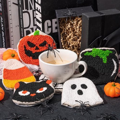 WATINC Halloween Punch Needle Coaster Kits - 23Pcs Easy Art Work Decor Craft Supply for Beginners, DIY Set of 6 Pattern Tufted Pads with Adhesive Felt Yarns Tools Coaster Holder Instruction (Orange) - Image 4