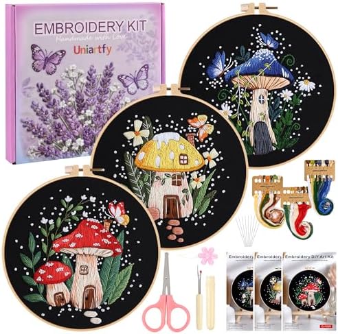 Uniartfy 3 Sets Embroidery Kit for Adults Beginners, Needlepoint Kits Cross Stitch, Hand Embroidery Starter Kit with Mushroom Stamped Patterns, Hoop, Tools, Colorful Threads with Needles, Instructions by Uniartfy