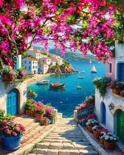 MBNTJHT DIY Scenery Paint by Numbers Kit for Adults,Unframed Landscape Paint by Number Kits on Canvas with Brushes,Flowers and Sea Oil Painting Kits for Home Wall Decor 16X20 Inch/40X50 cm. by MBNTJHT