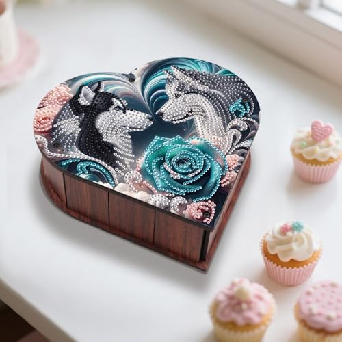 DIY Diamond Painting Kit Storage Box, Rose Wolf Dog Diamond Decorative Craft Heart Shaped Kit, Desktop Item Storage, Multifunctional Creative Craft Gift - Image 5