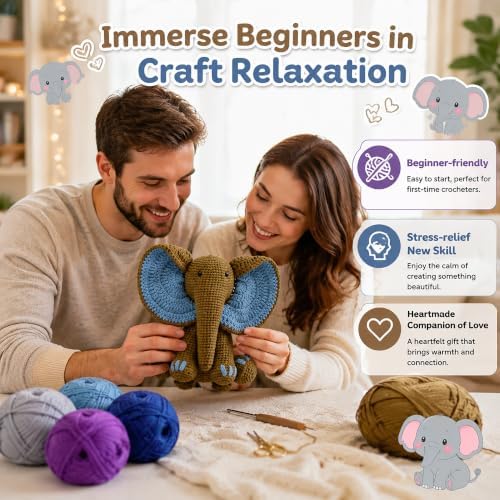 JYZJDKE Crochet Kit for Beginners Adults - DIY Amigurumi Elephant Knitting Starter Kit with Yarn Sets, Crochet Animal Kit Cute Stuffed Animal Craft Birthday Gifts (Grey Purple+Coffee Blue Elephant) - Image 2