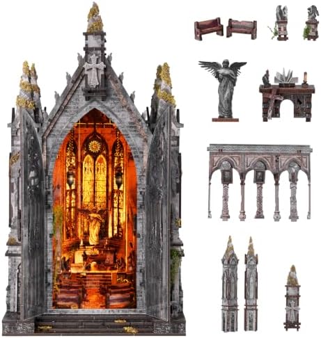 fifijoy Book Nook Kit - Abandoned Gothic Church DIY Miniature Dollhouse kit with LED Light for Adults, 3D Wooden Puzzle Model Tiny House Bookshelf Insert Decor, Gifts for Family, Friends by fifijoy
