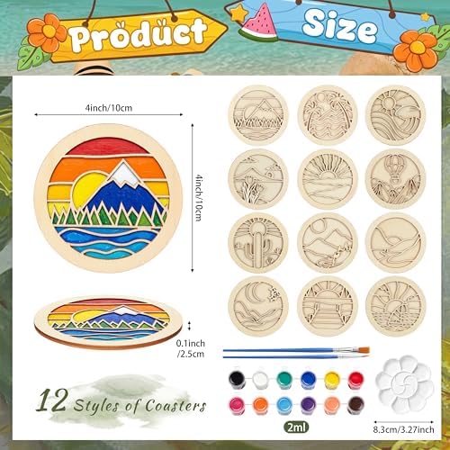 Dispowreath 12 Pcs Wooden Coasters Painting Kit Paint You Own Coaster Wooden Painting Craft Kit with Acrylic Paints and Brush for Adults and Beginners Coasters Landscape Crafts Art Supplies - Image 2