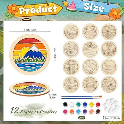 Dispowreath 12 Pcs Wooden Coasters Painting Kit Paint You Own Coaster Wooden Painting Craft Kit with Acrylic Paints and Brush for Adults and Beginners Coasters Landscape Crafts Art Supplies - Image 2