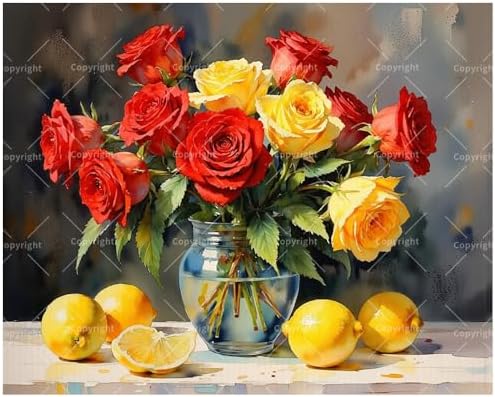 Still Life Paint by Numbers Kit for Adults - DIY Red and Yellow Roses with Lemons Painting on Canvas, Acrylic Paint Set, Suitable for Beginners, Art for Home Decor or Gifts(16X20IN Framed) by Unknown