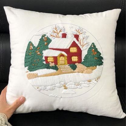 FONNUY Christmas Embroidery Kit for Beginners, Throw Pillow Case Cross Stitch Set Winter Snow House Holly Tree Pattern for Adults, Hand Works Crafts Throw Pillow Cover, 18 x 18'' (White) - Image 6